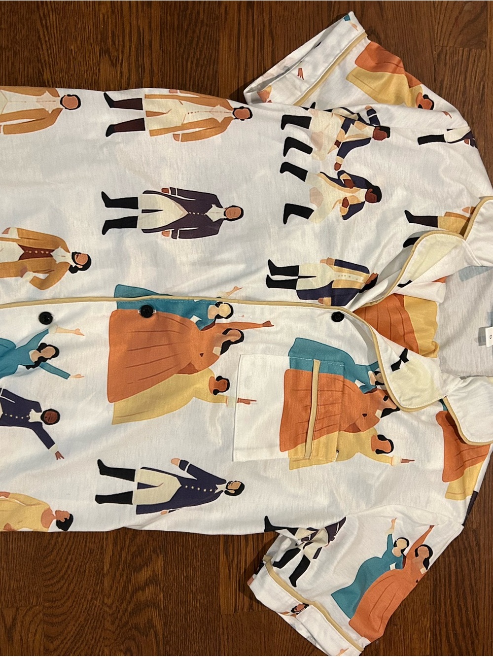 Hamilton White Pajama Top with Orange, Teal and Navy Figure Print
